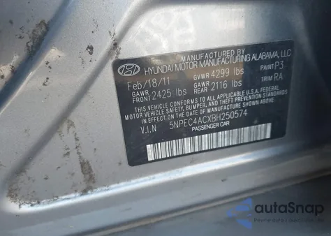 2011 Hyundai Sonata Limited z USA, uszkodzony, nr VIN 5NPEC4ACXBH250574